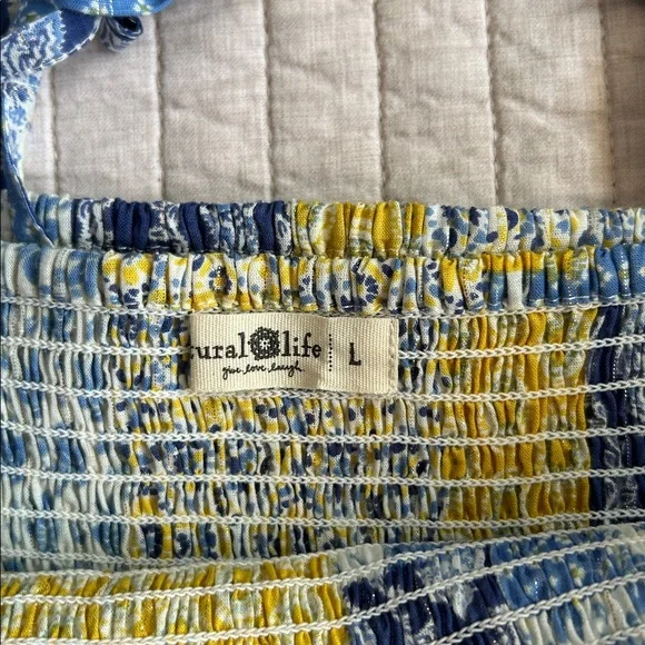Natural life blue yellow boho floral patchwork smocked ruffle hem tops L XL - Picture 11 of 13